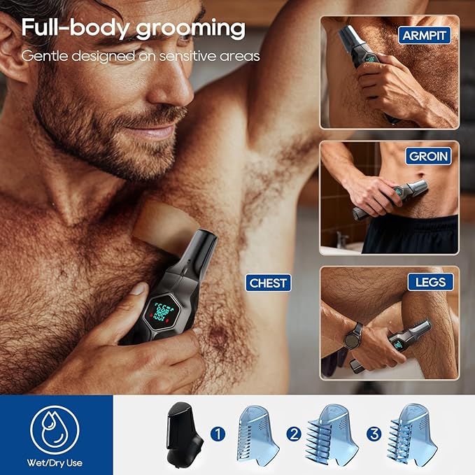 Beard Trimmer for Men, Magnetic Snap-on Replacement Heads & Charging Dock, IPX7 Waterproof Cordless Hair Clippers, Mens Grooming Kits for Mustache/Body/Face/Ear/Nose, Gray