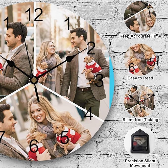Custom 3 Photo Wall Clock, Personalized Picture Silent Wall Clock Non Ticking for Bedroom, Living Room, Kitchen, Office, Idea Gifts for Couples, Boyfriend, Girlfriend, Family (10", 12", 14")