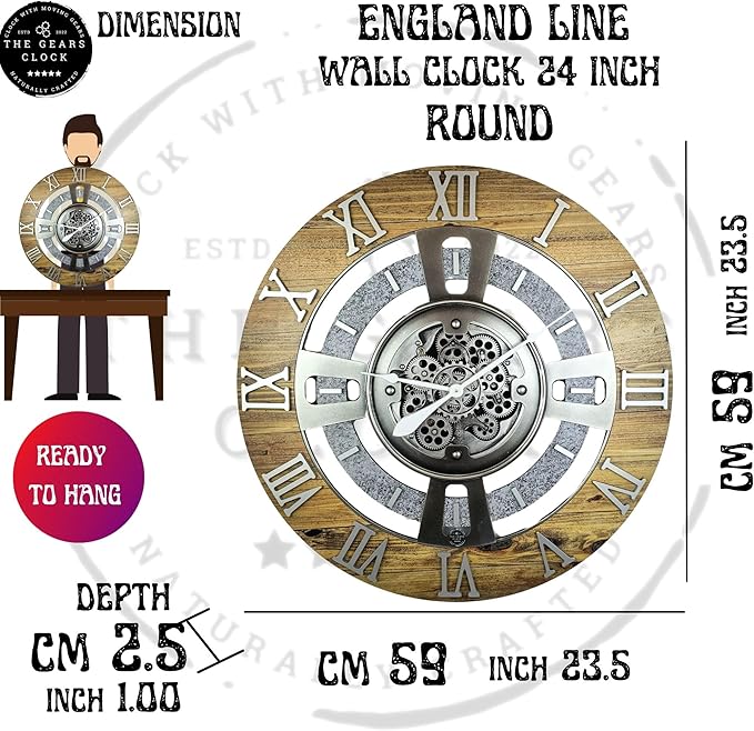 The Gears Clock Real Moving Gear Wall Clock England Line (Ocean Blue, 24 inches (60 cm))