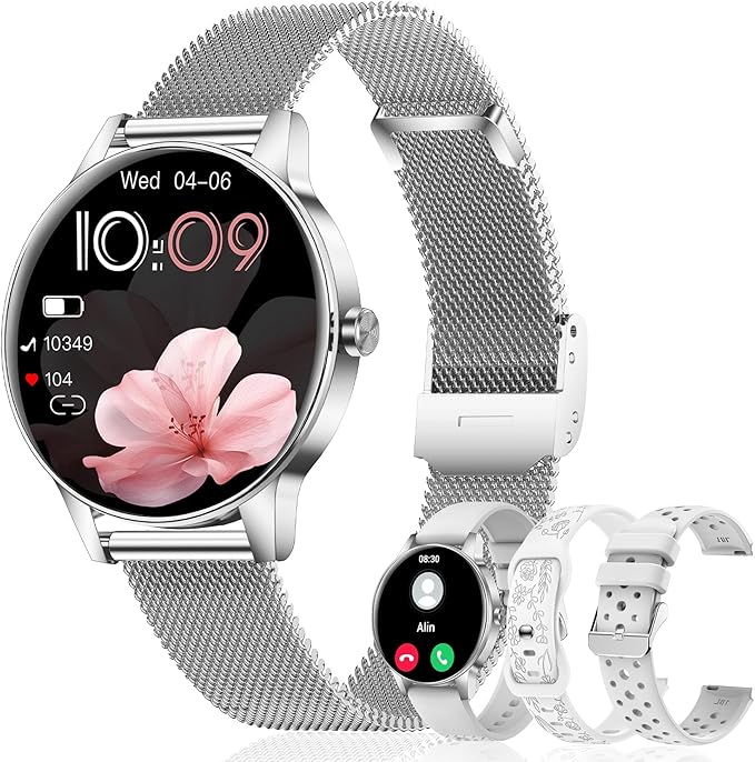 Smart Watch for Women, Answer/Make Call,1.27'' Touchscreen, 120+ Sports Modes Fitness Tracker, 24H Heart Rate/SpO2/Sleep/Menstrual Cycle/IP68 Fitness Watch for Android iOS, 4 Straps (Silver)