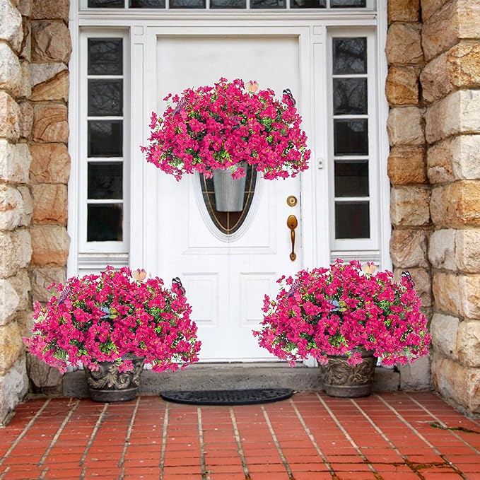 20 Bundles Artificial Flowers for Outdoors with 6 Faux Butterflies, UV Resistant Fake Flowers with Eucalyptus Leaves, Artificial Plants Outdoor for Patio Garden Porch Home Decor (Rose Red)