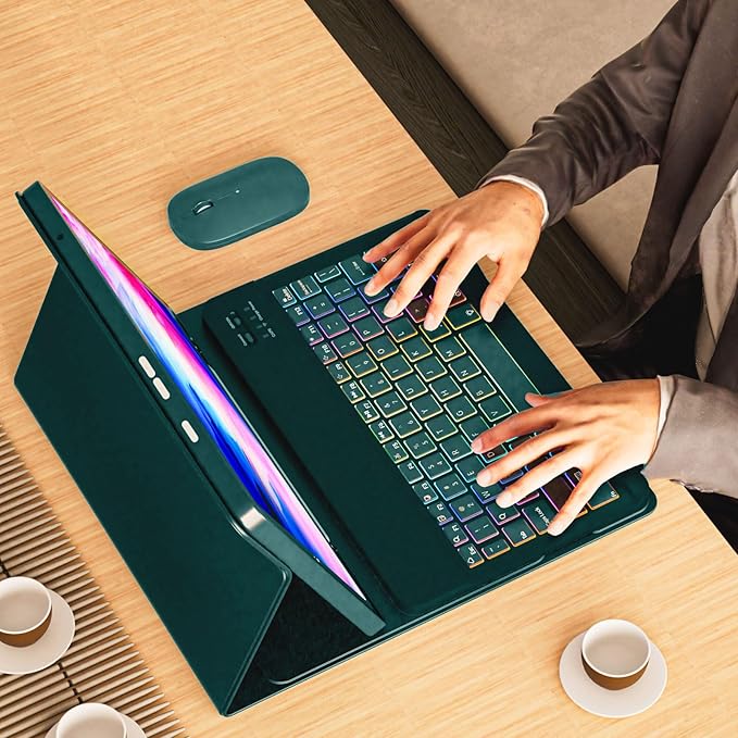 Keyboard Case for Samsung Galaxy Tab A9+/A9 Plus 11 Inch 2023 (SM-X210/X216/X218), Detachable Color Backlit Bluetooth Keyboard and Mouse, Slim Lightweight Stand Cover with Pen Holder (Green)