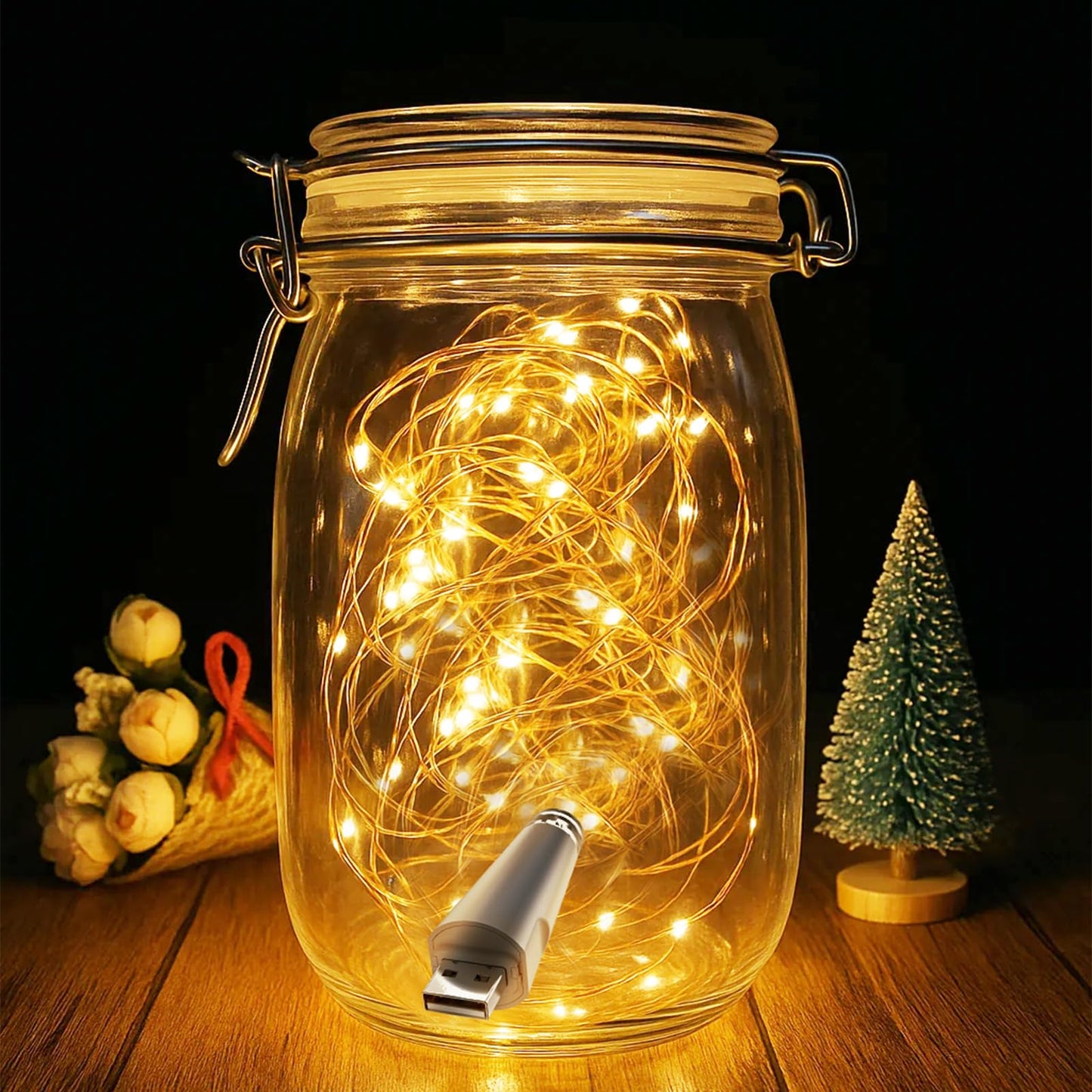 OUSMIN Rechargeable Fairy Lights - 20 LED String Lights, USB Battery Operated, 7ft, White, for Mason Jars and Wedding Decor