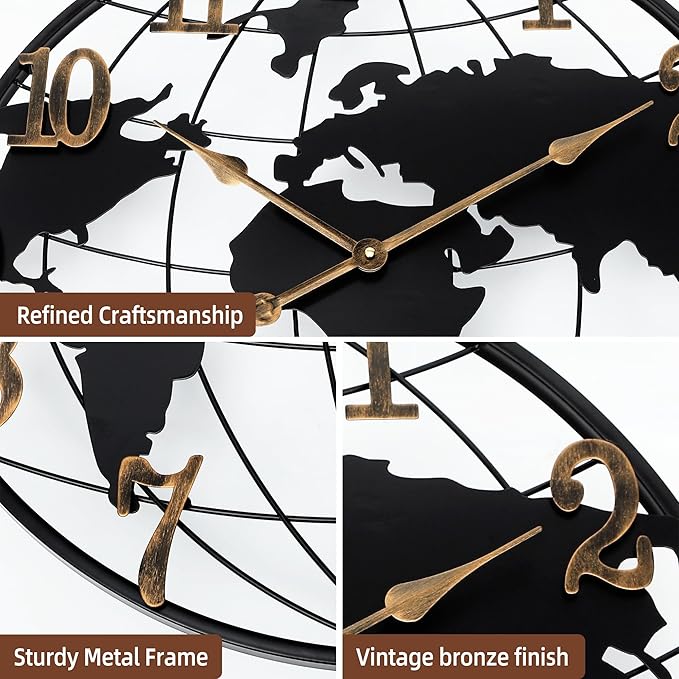 Large Round Metal World Map Clock - 16 Inch Minimalist Modern Silent Non-Ticking Battery Operated Wall Clock for Living Room, Kitchen, Office, Farmhouse Home Decor