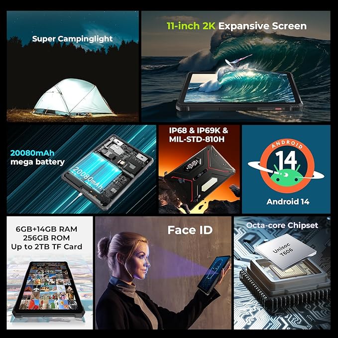 HOTWAV R9 Pro Rugged Tablet 2K 11 inch Android 14 Tablets - 20080mAh Waterproof Tablet 20GB+256GB/2TB TF Work Tablets, 64MP+16MP Camera Octa-Core IP68IP69K,4G Dual SIM/5G WiFi/Face ID/GPS/OTG