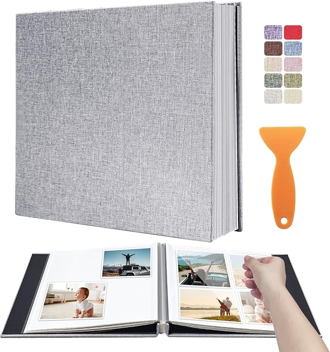 Large Photo Album Scrapbook, Holds 4x6, 8x10 Pictures, Self-Adhesive Pages for Baby, Wedding, Travel & Family Memories, Includes Metallic Pen & Scraper, DIY Memory Book for Gifts 13"x12.8" 60 Pages