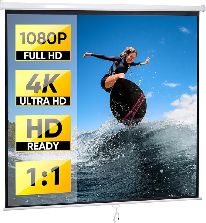 Smartxchoices 120" HD Manual Projector Screen 1:1 Format with Auto Lock Anti-Crease Home Theater Office Wall Mounted Ceiling Pull Down Projection 1.1 Gain Matte White,View Size: 84 x 84 inches