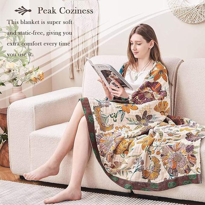 Boho Throw Blanket, 100% Cotton Ultra Soft Luxury Throw Rustic Quilt, 80"x90" Floral Printed Farmhouse Decor Bed Summer Blankets, All Season Rustic Reversible Bohemian Throw for Bed - White