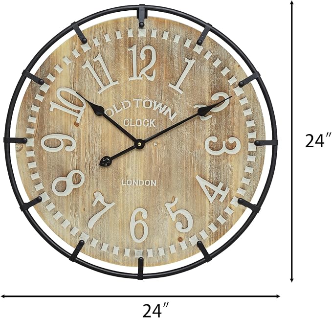 24 Inch Large Farmhouse Wall Clock - Rustic Antique Wood, Silent Battery Operated Clock for Office Kitchen Bedroom Living Room