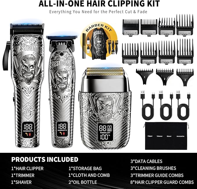 BESTBOMG Professional Cordless Mens Hair Clippers & Beard Trimmer and Electric Shavers Kits & Sets,Metal Hair Clippers Cutting Grooming Kit with Long Battery Life for Family Barber Use (Gray)
