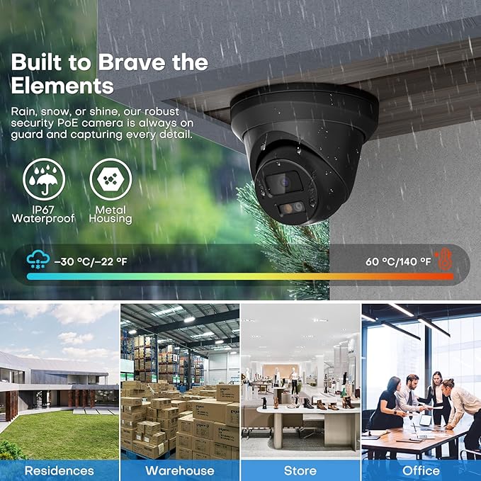 4K IP PoE Camera Outdoor, 8MP PoE Camera Black with Mic/Audio, 98ft IR/Color Night Vision, Human & Vehicle Detection, 127° FOV, MicroSD (256GB)