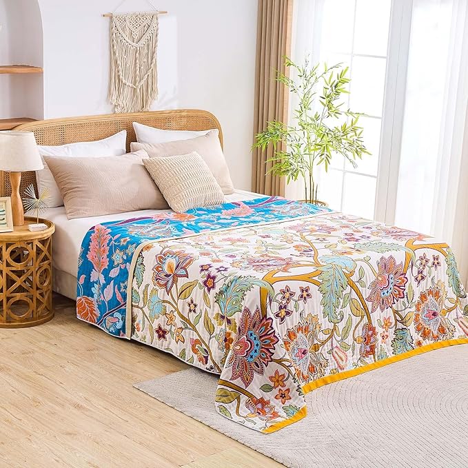 Boho Throw Blanket for Bed, 100% Cotton Soft Rustic Quilt Fall Blanket, 60"x80" Floral Printed Farmhouse Decor Bed Blankets, All Season Rustic Reversible Bohemian Throw Quilt