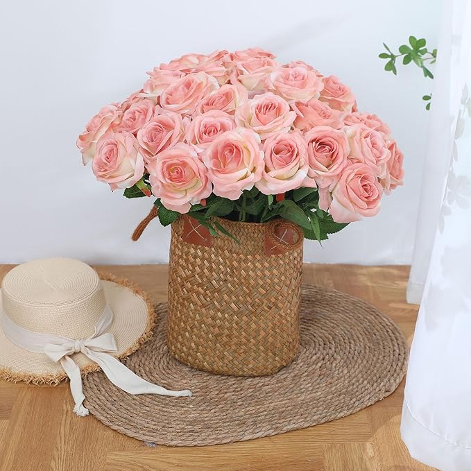 Pink Fake Roses Artificial Flowers - 10 Pcs Fake Artificial Roses Silk Flowers with Stems for Home Wedding Hotel Office Centerpiece Decor(Gradient Pink)