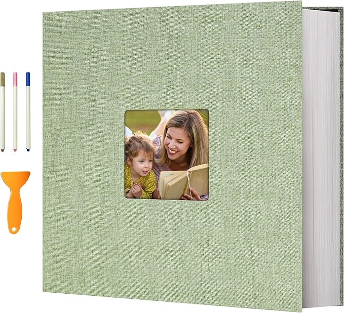 Vienrose Photo Album Self Adhesive 13x12.6 for 600 Photos Linen Scrapbook 120 Pages Grassgreen