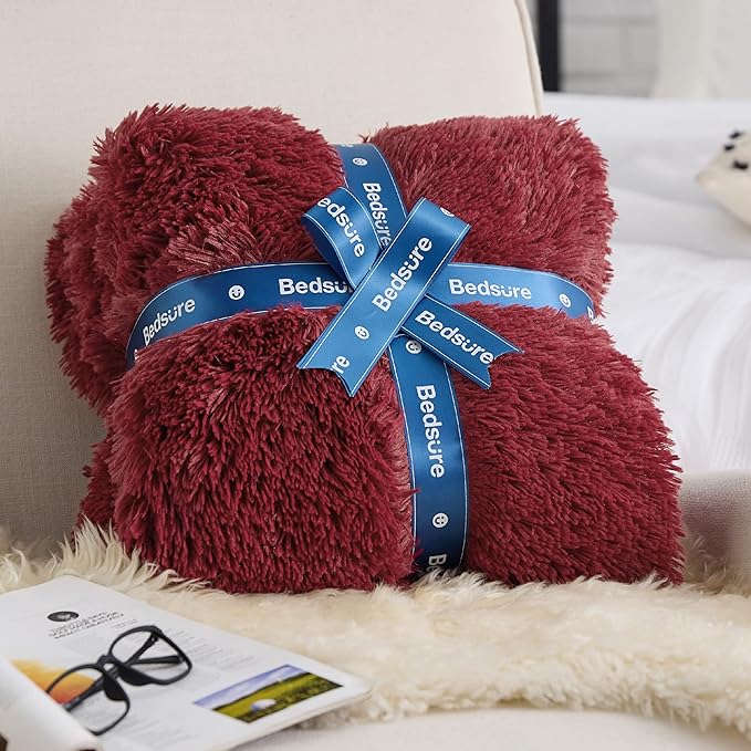 Bedsure GentleSoft Fluffy Burgundy Red Throw Blanket, Maroon Red Decor Gifts for Women, Soft Cozy Fuzzy Sherpa Fleece Plush Thick Warm Faux Fur Throws for Couch, Bed, Christmas Blanket for Mom, 50x60