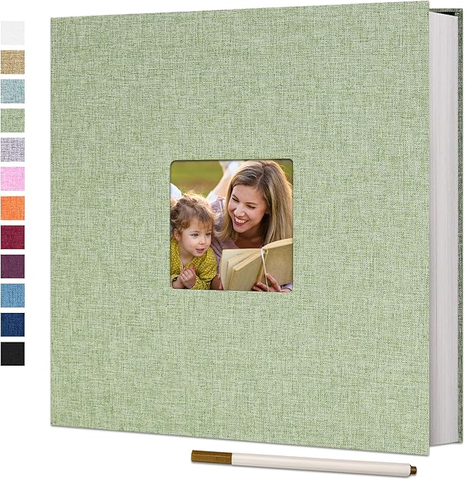 Vienrose Large Photo Album Self Adhesive for 4x6 8x10 Pictures Linen Scrapbook Album DIY 60 Blank Pages with A Metallic Pen Grassgreen