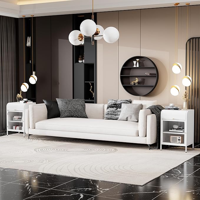 Modern Metal Side Tables Set of 2, End Tables with Glass Door, 2-Tier Nightstands with Storage Shelves, Accent Table, Slim Sofa Table for Living Room, Bedroom (White)
