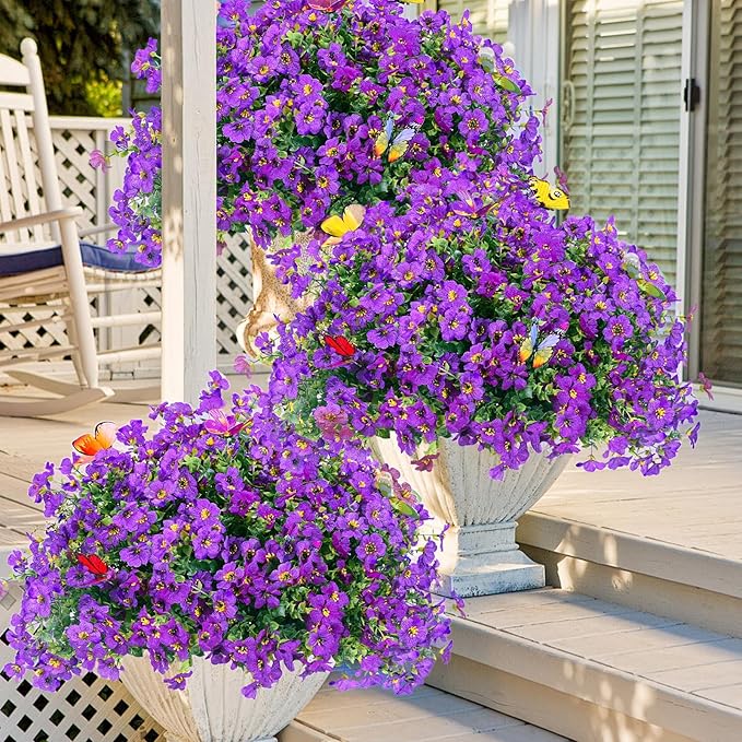 20 Bundles Artificial Flowers for Outdoors with 6 Faux Butterflies, UV Resistant Fake Flowers with Eucalyptus Leaves, Artificial Plants Outdoor for Patio Garden Porch Home Decor (Purple)