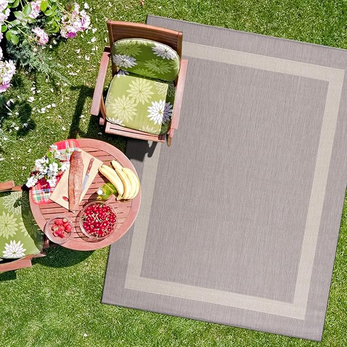 CAMILSON Outdoor Rug 6x9,Modern Outside Rugs for Patios Porches Waterproof Durable Washable Non-Shedding, Easy-to-Clean Indoor Outdoor Area Carpet (6 x 9, Bordered - Gray/White)