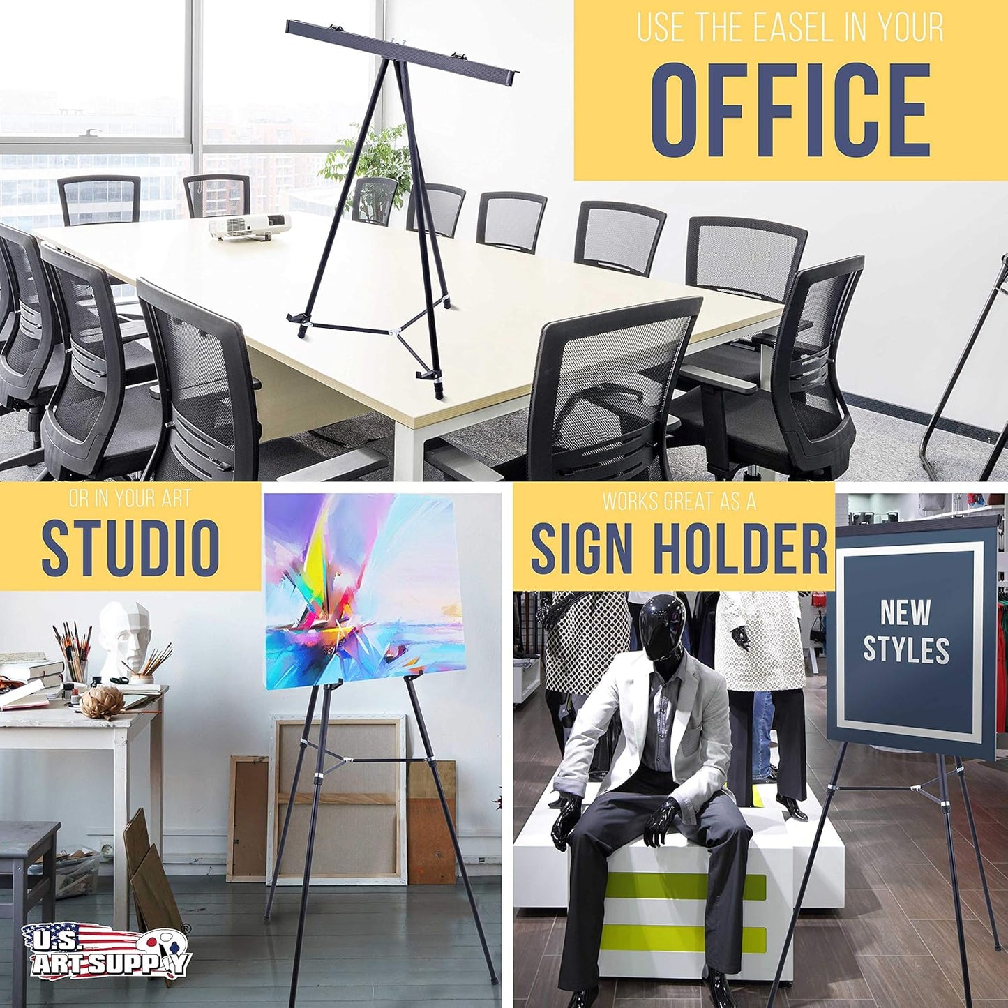 U.S. Art Supply 66" High Boardroom Black Aluminum Flip Chart Easel & Presentation Stand (4 Pack) - Adjustable Floor/Tabletop, Portable Tripod, Holds 25 lbs., for Chart Paper, Poster Boards, & Pads