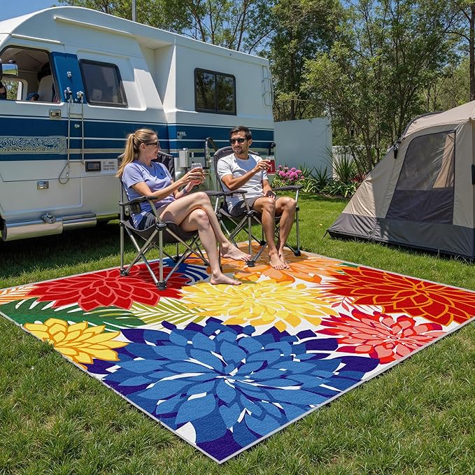 Indoor Outdoor Area-Rug Washable Multicolored Patio Rug Tropical Botanical Modern Floral Indoor Outdoor Carpet Non-Slip for Patio, Deck, Backyard, Porch (5x8)
