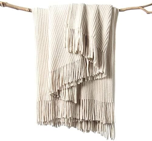 lifein Throw Blanket for Couch, Soft Boho Decor Bed Throw,Cozy White Chenille Knitted Small Farmhouse Lightweight Throw for Spring(White/Cream,60 * 80")