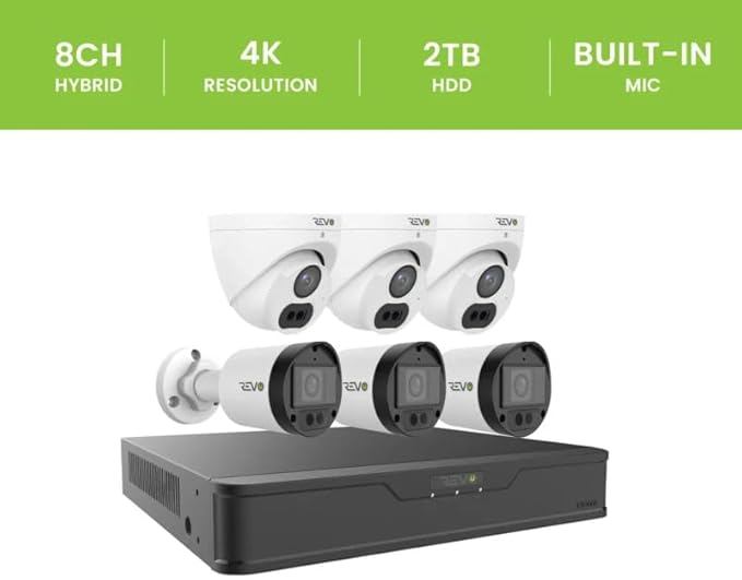 Revo Hybrid 8CH 4K Security System, 2TB Video Surveillance Grade HDD, 4X 4K Indoor/Outdoor IR Cameras with Built-in Microphone, Remote Viewing via Smartphone, PC and MAC (no Monthly fees)