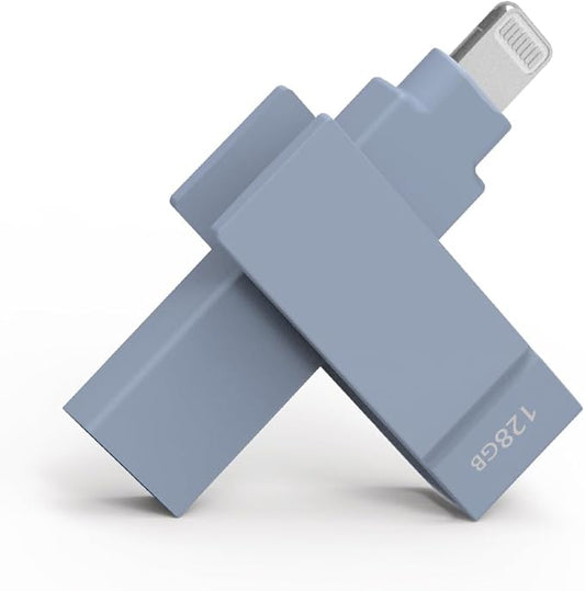 128 GB Apple MFi Certified iXflash Backup Flash Drive 2-in-1 USB for iPhone, iPad, and Computer Morandi Blue, USB Type A & Lightning, Best Photo Stick for iPhone Photo Transfer and Storage
