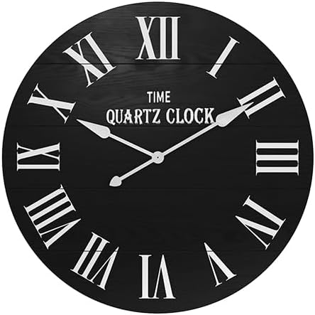 ARTPOWER Large Farmhouse Wall Clock, 35.5” Shiplap Wall Clock with Roman Numeral, Nearly Non-Ticking, Round Wall Clocks for Living Room Decor, Office, Bedroom, Entrance, Black