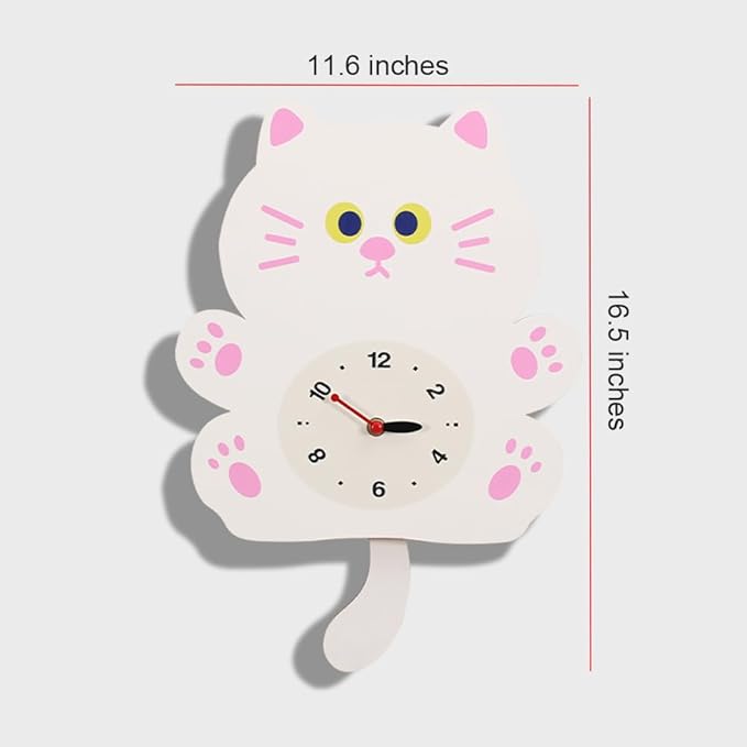 FASHION in THE CITY Adorable Cat Themed Swing Wall Clock - Silent Non-Ticking Pendulum Clock, Easy to Read Analog Clock for Cat Lovers, Nursery, Kitchen, Cute Home Decor Gift (YBZ001-White)
