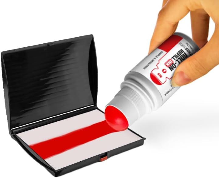 Roll-On Stamp Pad Ink Refill 50ml/1.7oz â Self Inking, Foam & Felt Pads â Easy-Use Roller Ball Applicator (RED)