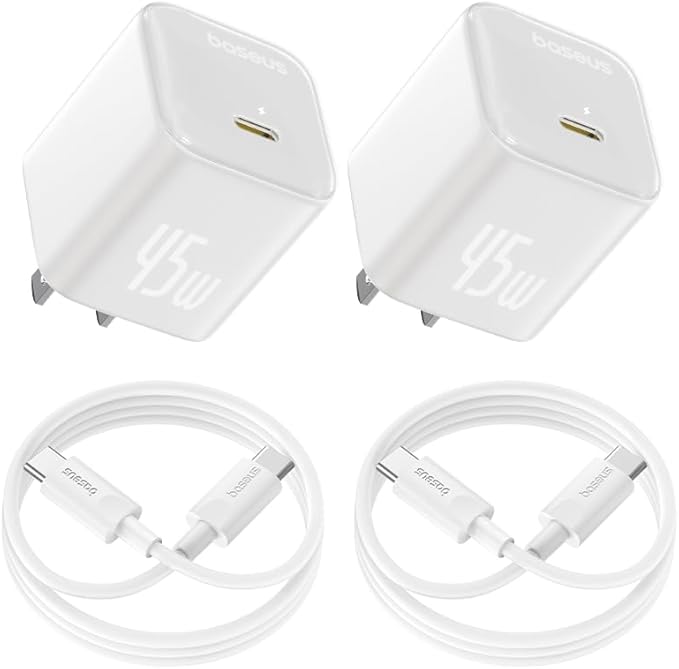 Baseus 45W USB C Charger Block, 2 Pack PPS Fast Charger Type C with USB-C Cable for iPhone 16/15 Series, iPad, Galaxy S24 Ultra and More Series