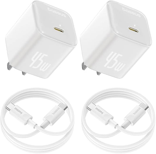 Baseus 45W USB C Charger Block, 2 Pack PPS Fast Charger Type C with USB-C Cable for iPhone 16/15 Series, iPad, Galaxy S24 Ultra and More Series