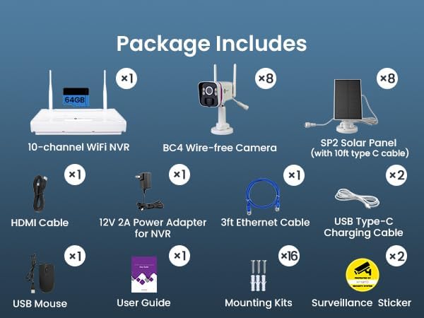 XMARTO Solar Security Cameras Wireless Outdoor, WiFi6 NVR with 64GB Micro SD Card, 8 PCs 4MP QHD Home Security Camera System with 10CH Expandable NVR, 120 Days Local Storage, All-Weather Solar Charge