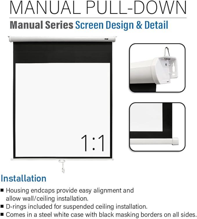 Akia Screens 125 inch Projector Screen Pull Down Manual B 1:1 8K 4K HD 3D Ceiling Wall Mount White Portable Projection Screen Retractable Auto Locking for Indoor Movie Home Theater Office AK-M125S1