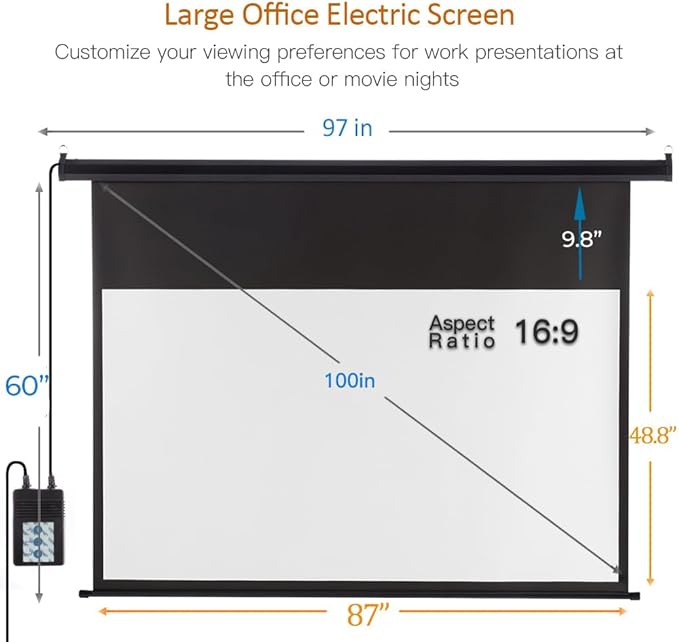 Motorized Projector Screen 100 inch 16:9 HD Diagonal Indoor and Outdoor Movie Screen with Remote Control for Family Home Office Theater, Black