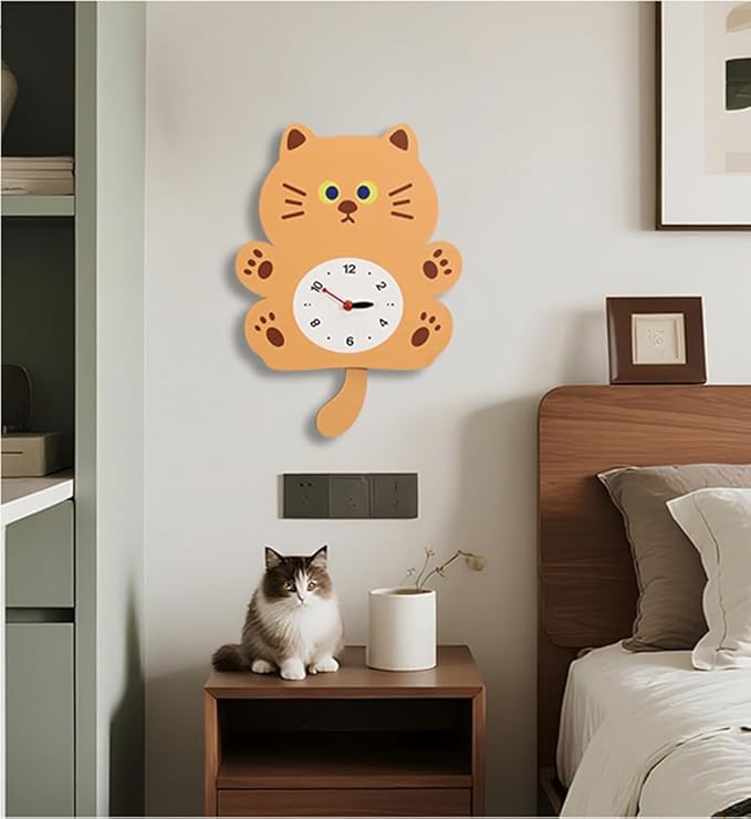 FASHION in THE CITY Adorable Cat Themed Swing Wall Clock - Silent Non-Ticking Pendulum Clock, Easy to Read Analog Clock for Cat Lovers, Nursery, Kitchen, Cute Home Decor Gift (YBZ001-Yellow)