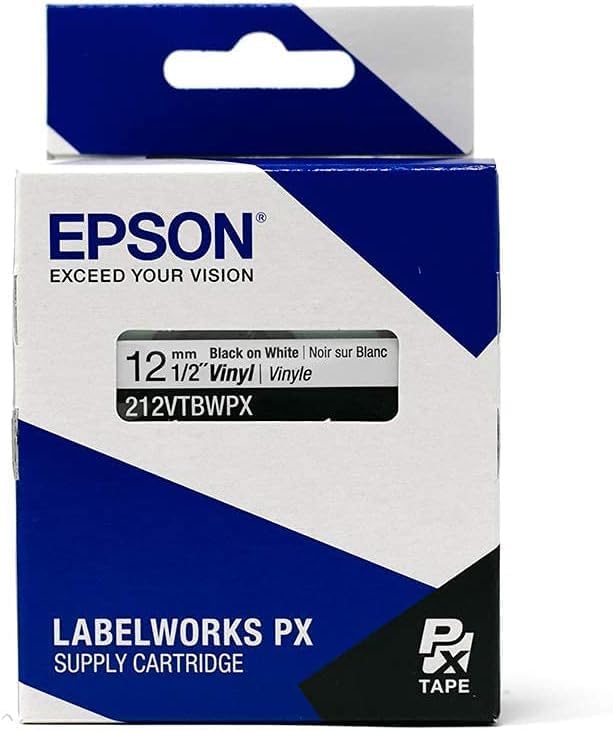 Epson LABELWORKS 212VTBWPX-5PK Genuine Tape Cartridge - 5 Pack Black on White Flexible and Durable Vinyl Industrial Label Maker Tape - 1/2" (12MM) Wide, 22.9 ft - 5 Cartridges