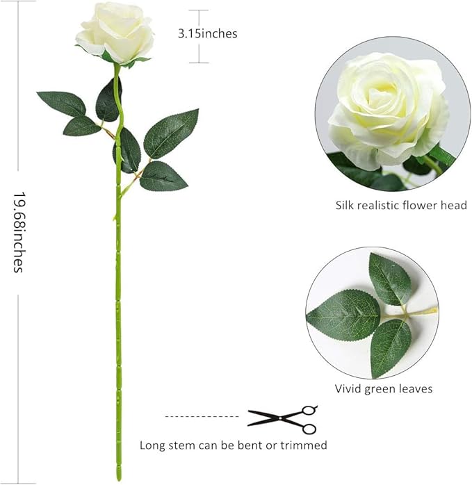 White Fake Roses Artificial Flowers - 16 Pcs Fake Artificial Roses Silk Flowers with Stems for Home Wedding Hotel Office Centerpiece Decor