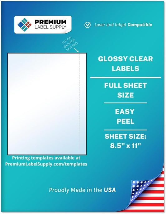 Premium Label Supply Full Sheet Glossy Clear Labels â 8.5" x 11" â Laser/Inkjet Compatible â 10 Sheets - Letter Size