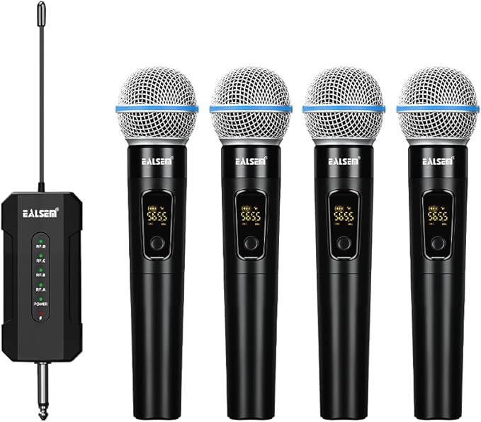 ES-384 4-CH UHF Wireless Handheld Microphone System - 164ft Range, Rechargeable Receiver, Plug-and-Play for Karaoke & Live Shows - 4 Handheld Mics Included