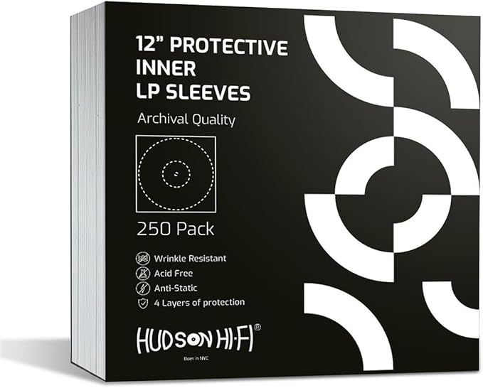 Hudson Hi-Fi Anti-Static Vinyl Record Inner Sleeves 250 Pack - Durable Clear Disc Sleeves- Protect Your LP Albums from Scratches, Dust & Dirt - Acid-Free Rice Paper Interior Disc Covers