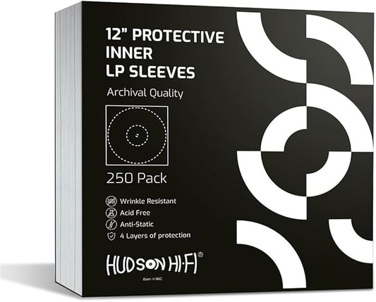 Hudson Hi-Fi Anti-Static Vinyl Record Inner Sleeves 250 Pack - Durable Clear Disc Sleeves- Protect Your LP Albums from Scratches, Dust & Dirt - Acid-Free Rice Paper Interior Disc Covers