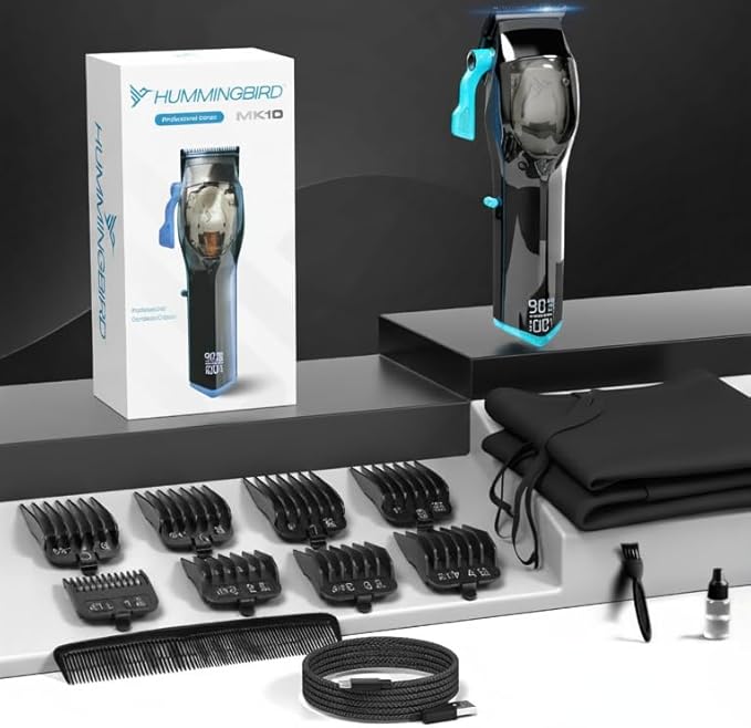 HUMMINGBIRD MK10 Pro Series Hair Clippers – 9,000 RPM Brushless Motor, DLC Blade, Cordless USB-C Rechargeable, Super Torque, Professional Barber Clippers, Haircut Kit, Includes Barber Cape & Comb