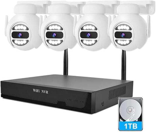[Auto Tracking Alert 360° PTZ & 2-Way Audio] 8CH Plug&Play Wireless Cameras for Home Security, 4x1920P 5MP IP67 IR&Full Color Night Vison AI Motion Detection, 1TB HDD 24/7 Recording Remote Control