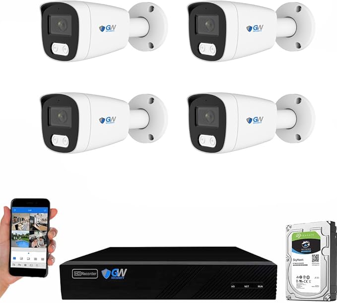GW Security 8 Channel 4K NVR 5MP POE Audio & Video Security Camera System - Four 5MP 1920P AI Human & Vehicle Detection Weatherproof Bullet Cameras, Built in Microphone, Quick QR Code Easy Setup