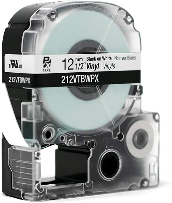 Epson LABELWORKS 212VTBWPX Genuine Tape Cartridge - Black on White Flexible and Durable Vinyl Industrial Label Maker Tape - 1/2" (12MM) Wide, 22.9 ft