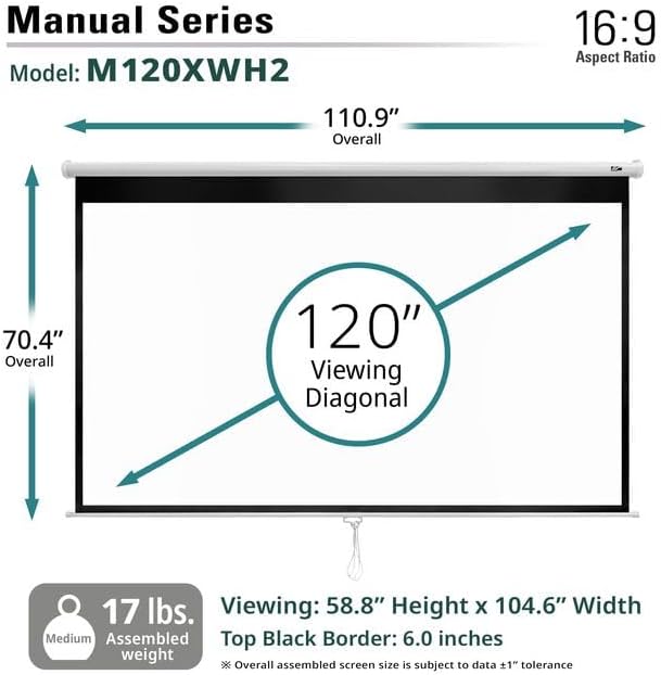 Elite Screens Manual Series, 120-INCH 16:9, Pull Down Manual Projector Screen with AUTO LOCK, Movie Home Theater 8K / 4K Ultra HD 3D Ready, 2-YEAR WARRANTY, M120XWH2