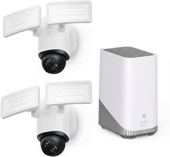 eufy Security Floodlight Wired Camera E340 2kit+Homebase3, Security Camera Outdoor, 355° Pan & Tilt, 24/7 Recording, 2000 LM, Motion Detection, Built-in Siren, Dual Cam, No Monthly Fee