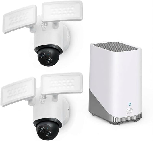 eufy Security Floodlight Wired Camera E340 2kit+Homebase3, Security Camera Outdoor, 355° Pan & Tilt, 24/7 Recording, 2000 LM, Motion Detection, Built-in Siren, Dual Cam, No Monthly Fee